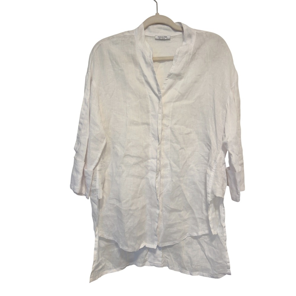 Banana Blue White 100% Linen Tunic Top Mandarin Collar High Low Hem Womens XS